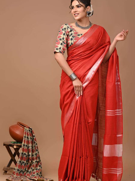 Linen Cotton Blend Handloom Bhagalpuri Saree with Zari Border (12798 Red)