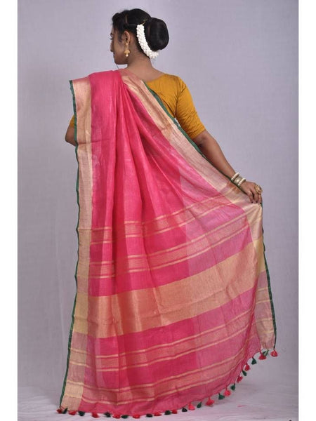 Linen Cotton Blend Contrast Handloom Bhagalpuri Saree for Women (Froly_Pink-Dark_Green) - View 2