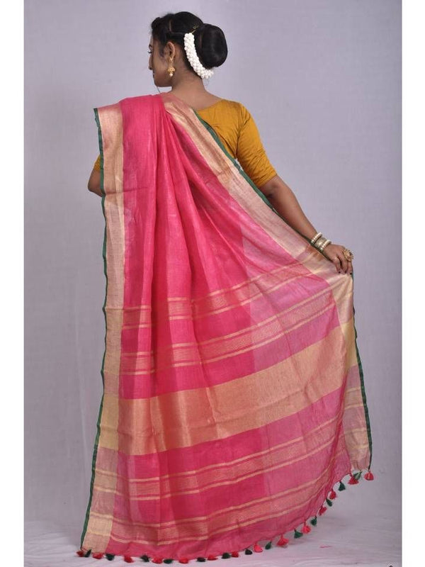 Linen Cotton Blend Contrast Handloom Bhagalpuri Saree for Women (Froly_Pink-Dark_Green) - View 2