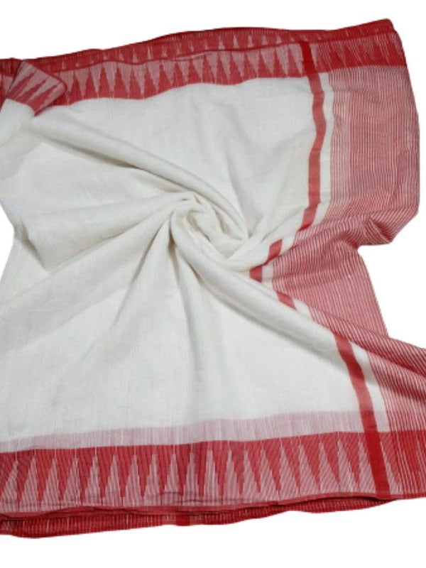 White-Red women's Bhagalpuri Handloom Kota Silk Temple Border Saree And Variation Of Colors With Striped Blouse Piece