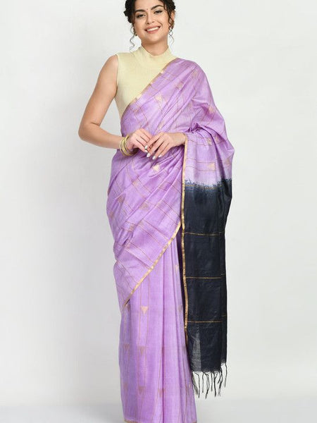 Bhagalpuri Handloom Semi Tussar Silk Tewo Dye Temple Motif Weaving Saree (Preine_Purple & Black)