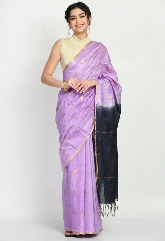 Bhagalpuri Handloom Semi Tussar Silk Tewo Dye Temple Motif Weaving Saree (Preine_Purple & Black)