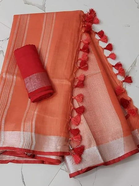 Handloom Bhagalpuri Linen Cotton Blend Contrast Border Saree for Women (12639 Moeja_Orange-Red)