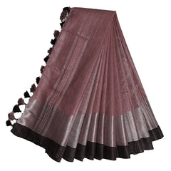 Redwood Brown Bhagalpuri Handloom  Linen Slub Blend Saree With Black Pipin Contrast Blouse Piece