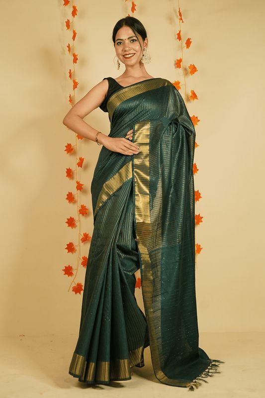 Sequins Handloom Silk Bhagalpuri British Green Striped Saree