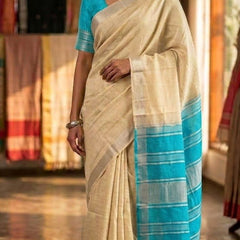 Elegant Linen Cotton Blend Saree for WDS | Cream Saree with Contrast Woven Pallu & Silver Zari Border | Traditional Ethnic Wear - View 4