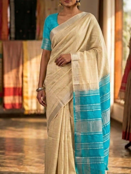 Elegant Linen Cotton Blend Saree for WDS | Cream Saree with Contrast Woven Pallu & Silver Zari Border | Traditional Ethnic Wear - View 4