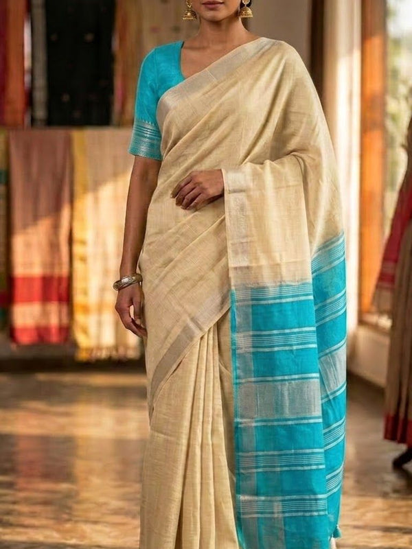 Elegant Linen Cotton Blend Saree for WDS | Cream Saree with Contrast Woven Pallu & Silver Zari Border | Traditional Ethnic Wear - View 4