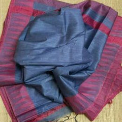 Semi Tussar Silk Handloom Temple Border Bhagalpuri Saree (100195 Vista_Grey-Pink)