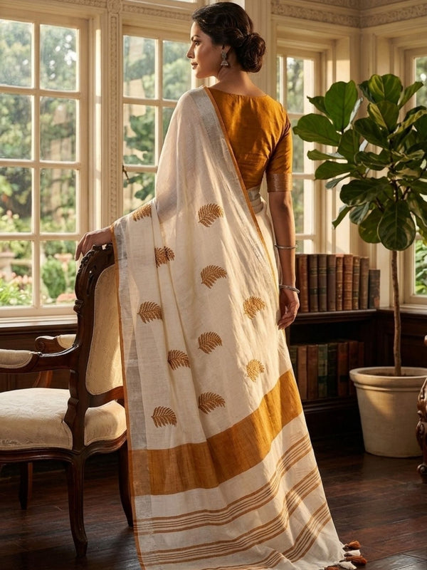 Handwoven Bhagalpuri Linen Blend Embroidered Saree With Contrast Blouse Piece(White_Orange) - View 2