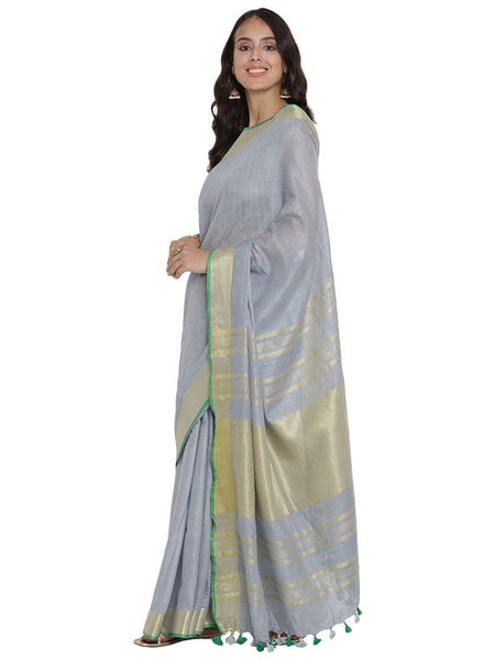 Vista Grey women's Bhagalpuri Handloom Cotton Linen Blend Saree With Contrast Unstiched Blouse Piece - View 3