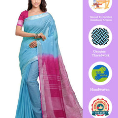 Argentinian Blue & Raspberry Pink women's Handloom Bhagalpuri Linen Blend Two Dye Saree With Running Unstitched Blouse Piece - View 2