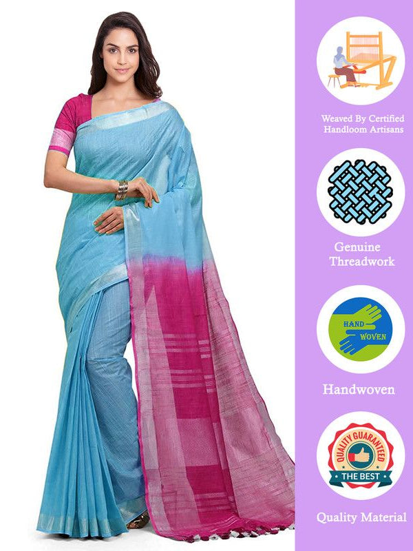 Argentinian Blue & Raspberry Pink women's Handloom Bhagalpuri Linen Blend Two Dye Saree With Running Unstitched Blouse Piece - View 2