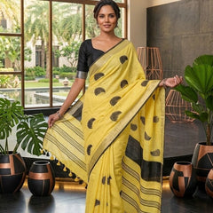 Handwoven Bhagalpuri Linen Blend Embroidered Saree With Contrast Blouse Piece(Yellow_Black) - View 4