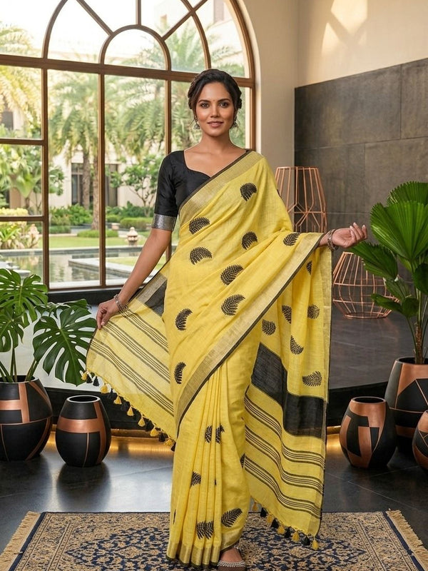 Handwoven Bhagalpuri Linen Blend Embroidered Saree With Contrast Blouse Piece(Yellow_Black) - View 4