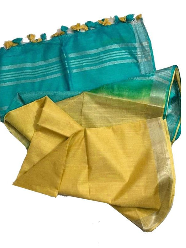 Mint Green & Manz Yellow Bhagalpuri women's Ethnic Wear Handloom Linen Cotton Blend Zari Border Two Dye Saree With Running Unstitched Blouse Piece