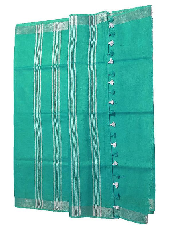 Aquamarine Turquoise women's Bhagalpuri Linen Saree With Blouse Piece - View 4