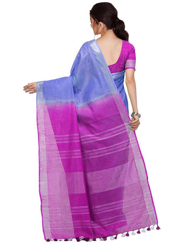 Iiris Blue & Wild Strawberry women's Bhagalpuri Handloom Pure Cotton Two Dye Saree With Running Unstitched Blouse Piece - View 3