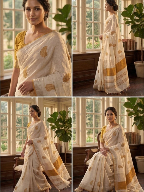 Handwoven Bhagalpuri Linen Blend Embroidered Saree With Contrast Blouse Piece(White_Orange) - View 5