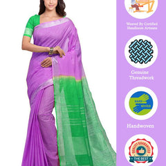 Fuchsia Pink & Honerdew Green women's Handloom Bhagalpuri Linen Blend Two Dye Saree With Running Unstitched Blouse Piece - View 3