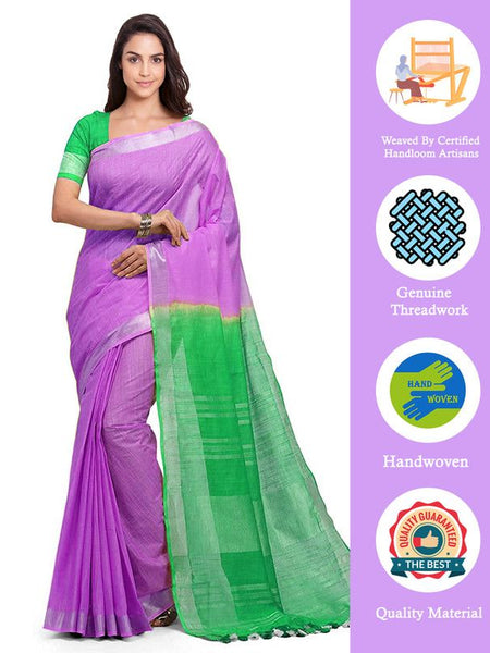 Fuchsia Pink & Honerdew Green women's Handloom Bhagalpuri Linen Blend Two Dye Saree With Running Unstitched Blouse Piece - View 3