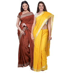Sienna Orange & Yellow women's Bhagalpuri Handloom Cotton-Linen Blend Saree Combo (Pack Of 2) With Running Unstitched Blouse Piece