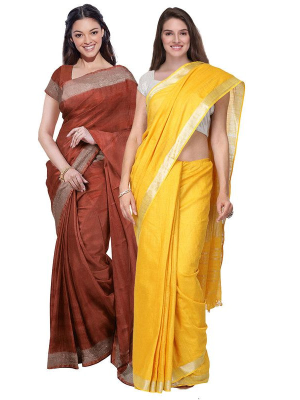 Sienna Orange & Yellow women's Bhagalpuri Handloom Cotton-Linen Blend Saree Combo (Pack Of 2) With Running Unstitched Blouse Piece