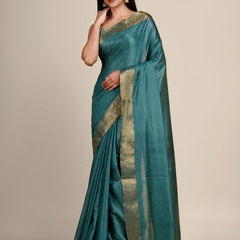 Munga Silk Tussar Blend Bhagalpuri Handloom Moonstone Cyan Saree - View 2