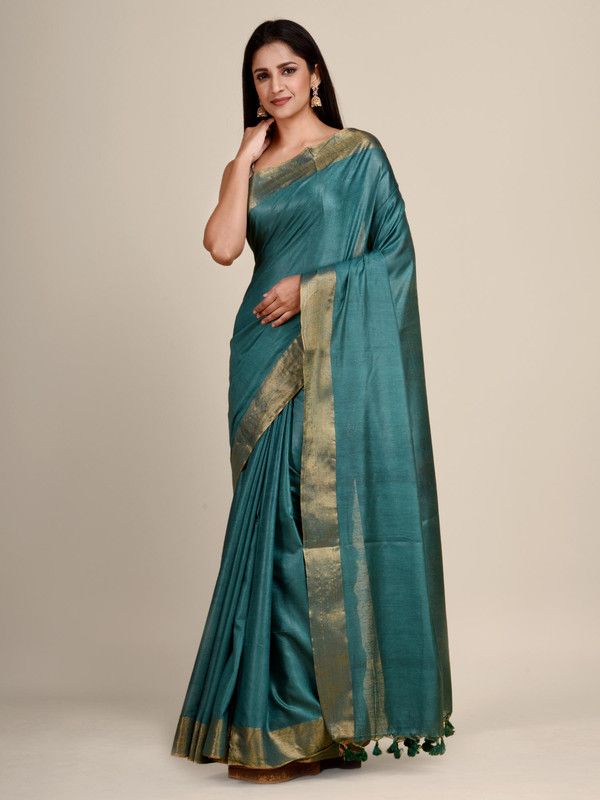 Munga Silk Tussar Blend Bhagalpuri Handloom Moonstone Cyan Saree - View 2