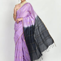 Bhagalpuri Handloom Semi Tussar Silk Tewo Dye Temple Motif Weaving Saree (Preine_Purple & Black) - View 2