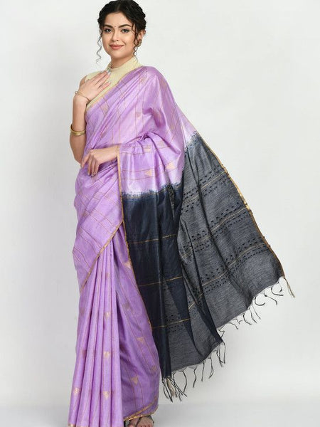 Bhagalpuri Handloom Semi Tussar Silk Tewo Dye Temple Motif Weaving Saree (Preine_Purple & Black) - View 2