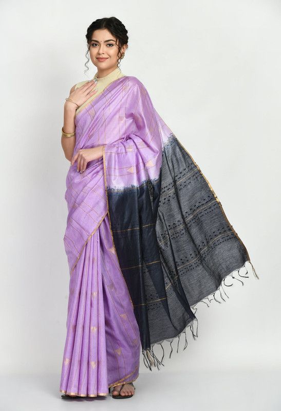 Bhagalpuri Handloom Semi Tussar Silk Tewo Dye Temple Motif Weaving Saree (Preine_Purple & Black) - View 2