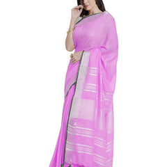 Orchid Magenta women's Bhagalpuri Handloom Cotton Linen Blend Saree With Contrast Unstiched Blouse Piece - View 3