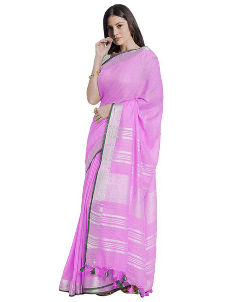 Orchid Magenta women's Bhagalpuri Handloom Cotton Linen Blend Saree With Contrast Unstiched Blouse Piece - View 3