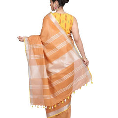 Linen Cotton Blend Contrast Handloom Bhagalpuri Saree (Taceoi_Brown-Yellow) - View 3