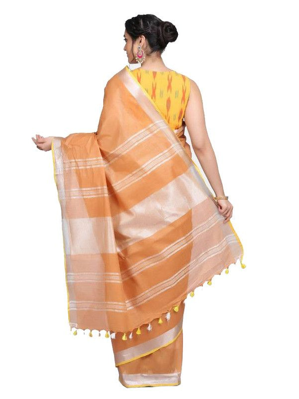 Linen Cotton Blend Contrast Handloom Bhagalpuri Saree (Taceoi_Brown-Yellow) - View 3