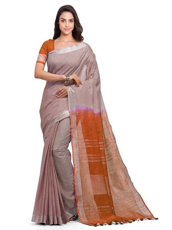 Whiskey Tan & Mohangni Orange women's Bhagalpuri Handloom Pure Cotton Two Dye Saree With Running Unstitched Blouse Piece