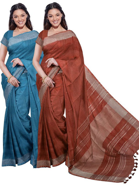Cerulean Blue & Sienna Orange women's Bhagalpuri Handloom Cotton-Linen Blend Saree Combo (Pack Of 2) With Running Unstitched Blouse Piece