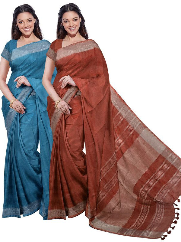 Cerulean Blue & Sienna Orange women's Bhagalpuri Handloom Cotton-Linen Blend Saree Combo (Pack Of 2) With Running Unstitched Blouse Piece