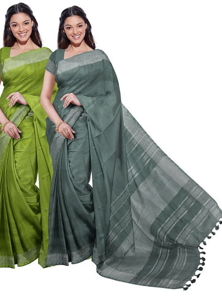 Green & Hookers' Green women's Bhagalpuri Handloom Cotton-Linen Blend Saree Combo (Pack Of 2) With Running Unstiched Blouse Piece