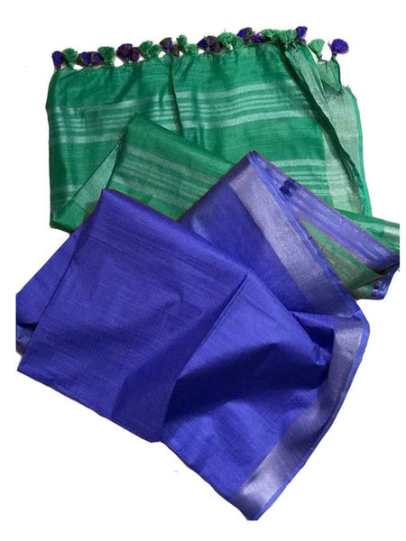 Mint Green & Palatinate Blue Bhagalpuri women's Ethnic Wear Handloom Linen Cotton Blend Zari Border Two Dye Saree With Running Unstitched Blouse Piece - View 2