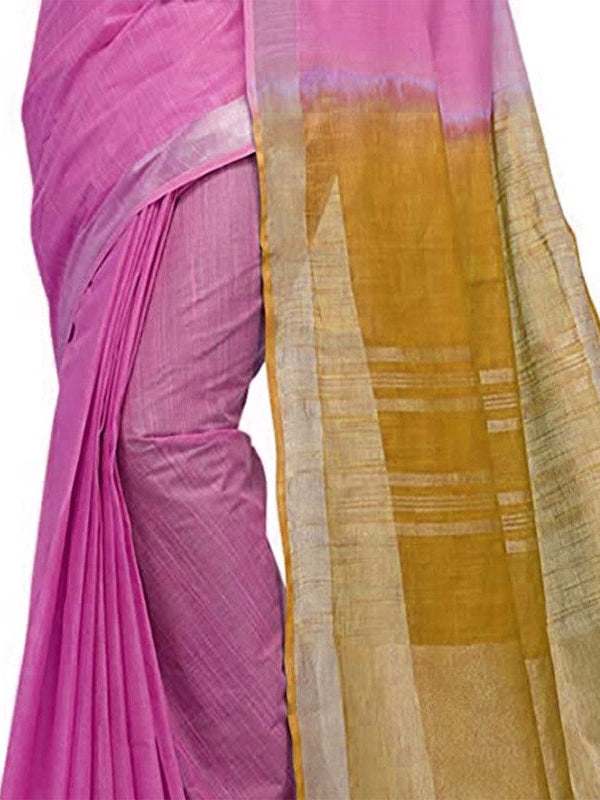 Neon Pink & Golden Brown women's Bhagalpuri Handloom Linen Cotton Blend Two Dye Saree With Running Unstitched Blouse Piece - View 6