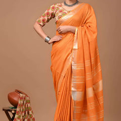 Linen Cotton Blend Handloom Bhagalpuri Saree with Zari Border (12790 Jaffy_Orange)