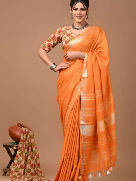 Linen Cotton Blend Handloom Bhagalpuri Saree with Zari Border (12790 Jaffy_Orange)