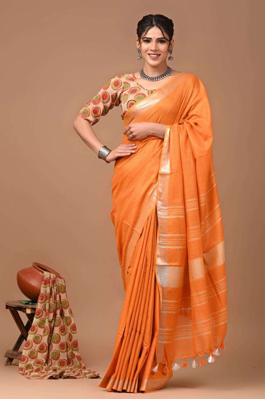Linen Cotton Blend Handloom Bhagalpuri Saree with Zari Border (12790 Jaffy_Orange)