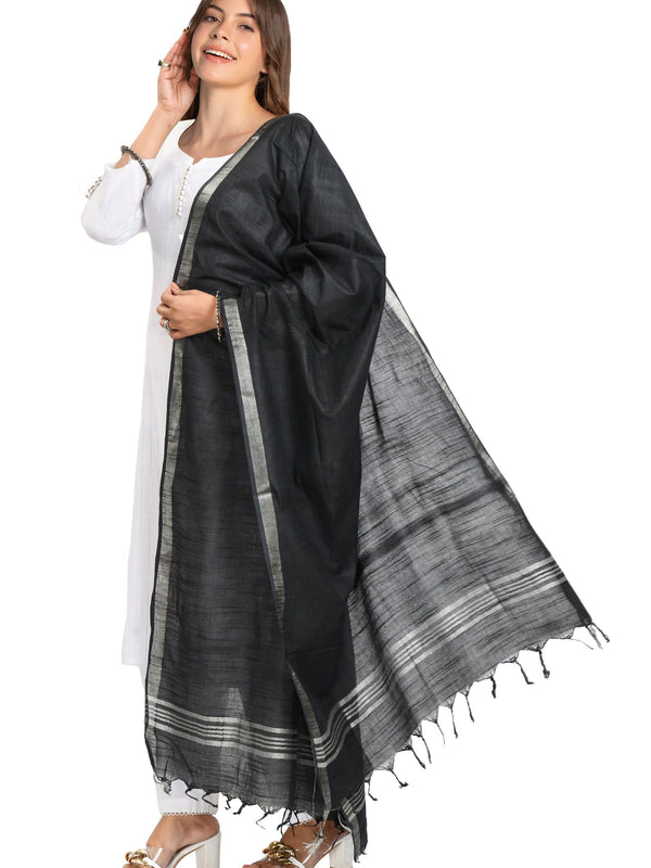 Linen Handloom Bhagalpuri Black Dupatta - View 3