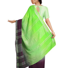 Neon Green & Byzantium Purple women's Bhagalpuri Handloom Linen Slub Blend Two Dye Saree With Running Unstitched Blouse Piece - View 3
