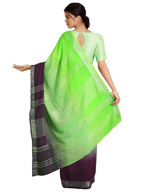 Neon Green & Byzantium Purple women's Bhagalpuri Handloom Linen Slub Blend Two Dye Saree With Running Unstitched Blouse Piece - View 3