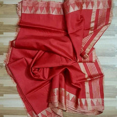 Semi Tussar Silk Handloom Temple Border Bhagalpuri Saree (100180 Deep_Red-Natural)