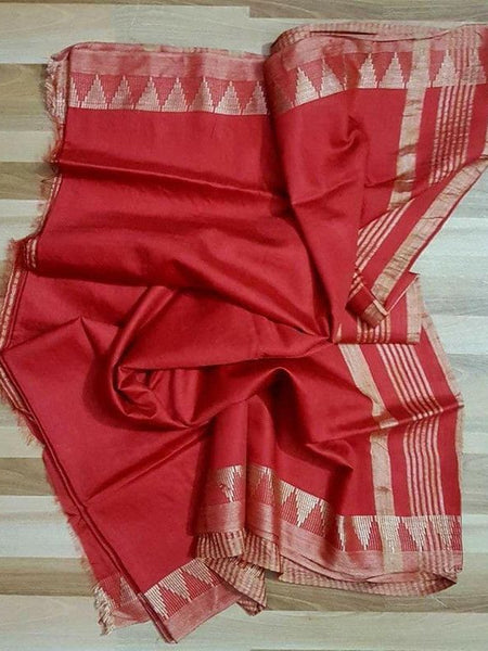 Semi Tussar Silk Handloom Temple Border Bhagalpuri Saree (100180 Deep_Red-Natural)